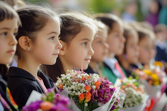 Young girls holding flower bouquets at a celebration event