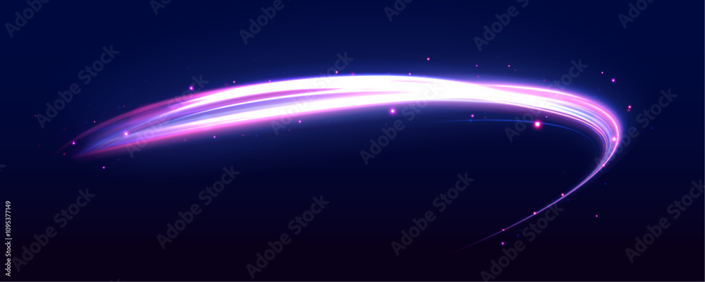 Poster Lines in the shape of a comet against a dark background. Vortex streams of neon light. Abstract vector fire circles, sparkling swirls and energy light spiral frames. 