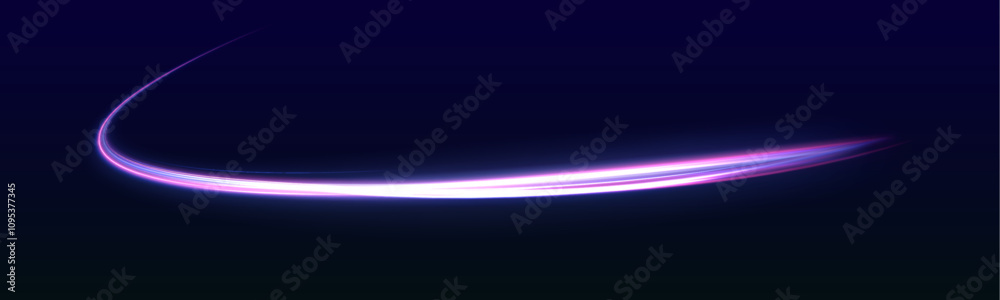 Poster Lines in the shape of a comet against a dark background. Vortex streams of neon light. Abstract vector fire circles, sparkling swirls and energy light spiral frames. 