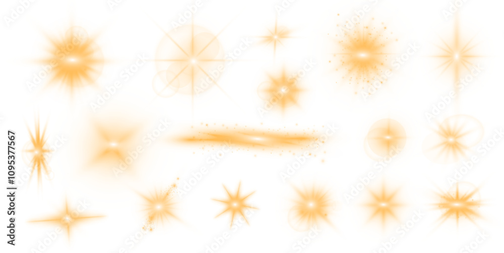 Poster a set of various yellow flashes of light, as well as stars, bright dust and rays of light. swirling 