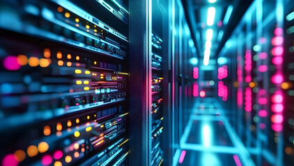 Modern Rack LED console in server room data center. Generative AI.