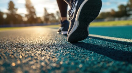 The feet of a young athlete training for a Paralympic competition on a track field, Depicting determination and athletic excellence in adaptive sports, close-up photography style