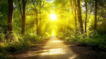 Obraz premium A sunlit forest path surrounded by lush greenery, inviting exploration and tranquility.