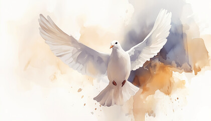Watercolor minimalist illustration of flying dove symbolizing New Testament Holy Spirit, depicted in soft beige and gray tones on white background, conveying purity, spirituality, and serenity