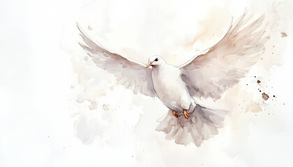 Watercolor minimalist illustration of flying dove symbolizing New Testament Holy Spirit, depicted in soft beige and gray tones on white background, conveying purity, spirituality, and serenity