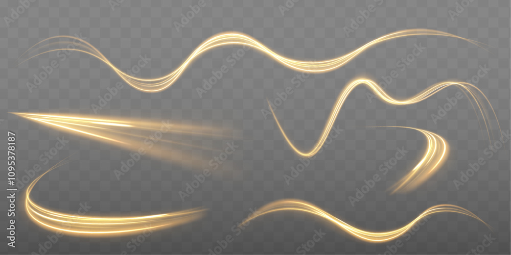 Poster Dynamic abstract vector graphics with smooth lines in bright yellow shades on a dark background. lowing light sparkles with golden glitter, magic stardust wave and beautiful sparkle light blur trail.