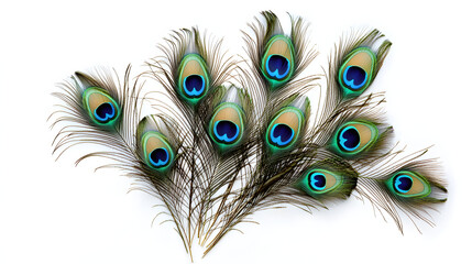 Obraz premium Bunch of peacock feathers for decoration isolated on white