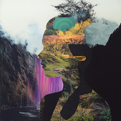 Abstract Female Silhouette with Layered Natural Elements and Waterfall