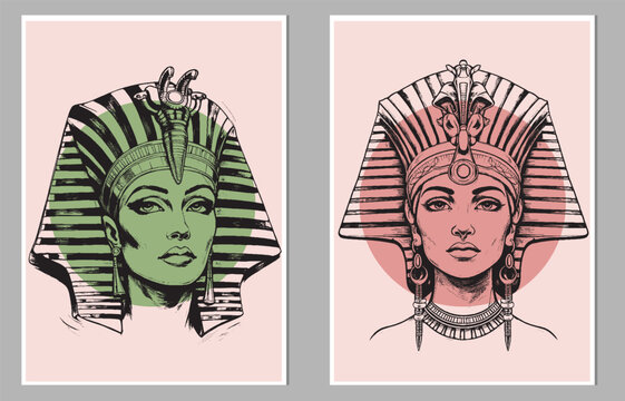 A set of hand-drawn illustrations featuring ancient Egyptian figures in traditional attire, abstract style with colorful geometric elements. Tempura design for print, canvas, poster