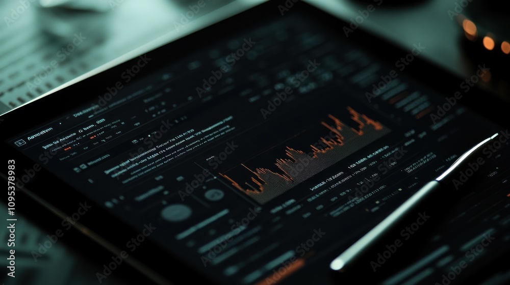 Poster close-up of a tablet displaying stock market data with a pen