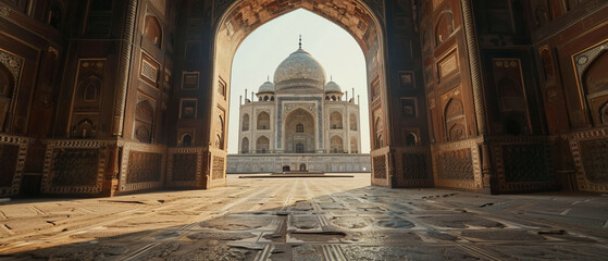 Obraz premium Inside of ancient taj mahal palace, interiors illuminated by natural light with verses of the quran engraved on its walls