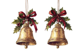 Two ornate gold bells with holly and red ribbons hanging.