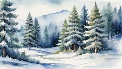 Snowy winter landscape featuring evergreen trees and distant mountains under a soft, cloudy sky