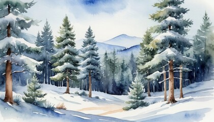 Fototapeta premium Watercolor illustration capturing a peaceful winter landscape with snow-covered trees and mountains in the distance