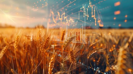Cinematic closeup of golden wheat field and stock market chart illustrating food security and trade