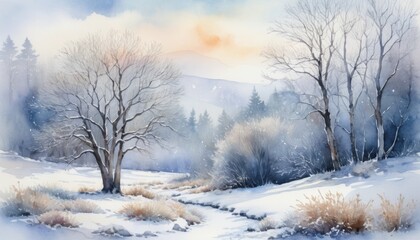 Obraz premium Watercolor illustration of a tranquil winter landscape with snow-covered trees and a calm stream under a pastel sky during early morning