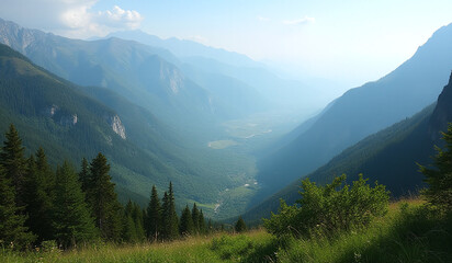 Fototapeta premium serene mountainous landscape features lush green trees vast open wilderness areas beautiful panoramic view