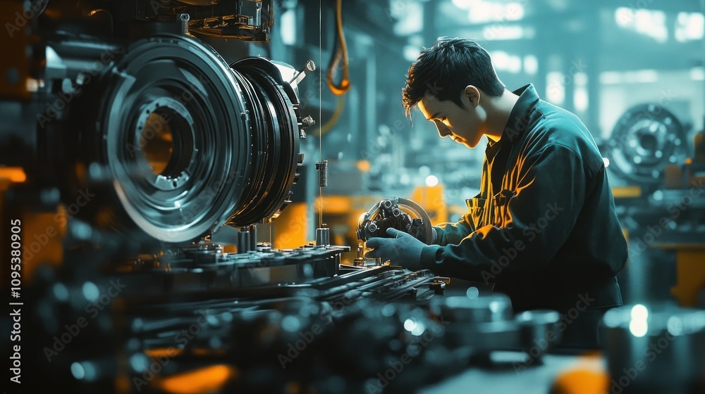 Poster A worker in a blue jumpsuit inspects a mechanical part on a factory line