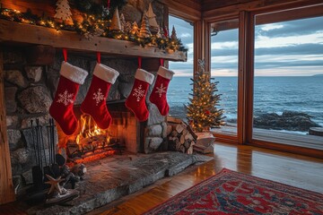 holiday beach decor, stockings hanging by the sea-view bungalows fireplace, adorned with nautical decor and twinkling lights, evoke holiday cheer