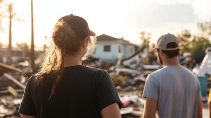 Naklejka premium The focused gaze of a community organizer coordinating relief efforts after a natural disaster, Illustrating solidarity and emergency response, photography style