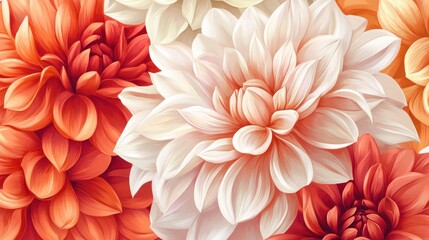 Vivid Orange and White Dahlia Blooms Close Up