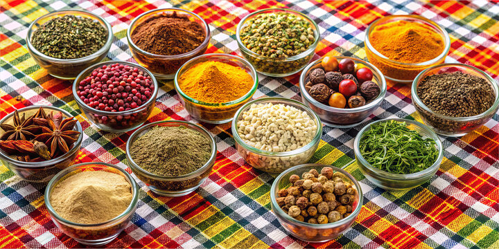 Various spices are presented in glass bowls, showcasing vibrant colors of turmeric, paprika, and cumin among others. The setting features a bright checkered tablecloth, enhancing the visual appeal
