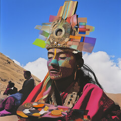 Indigenous Figure with Ceremonial Attire and Geometric Headpiece