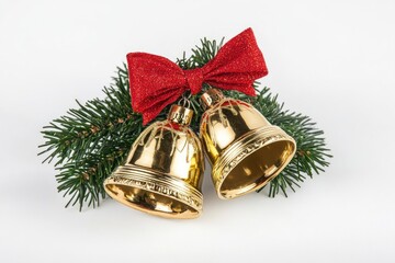 Golden Bells with Red Bow on Pine Branch