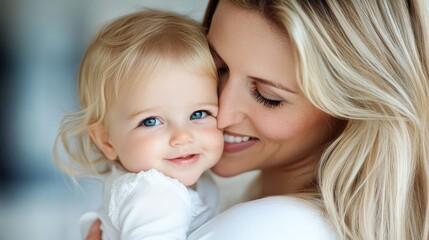 A beautiful mother cradles her baby lovingly, creating a tender and intimate moment, highlighted by the baby's blue eyes and the mother's warm expression.