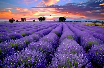 Fototapeta premium Breathtaking lavender field at sunset. Purple flowers stretch as far as the eye can see, creating a calming and colorful landscape.