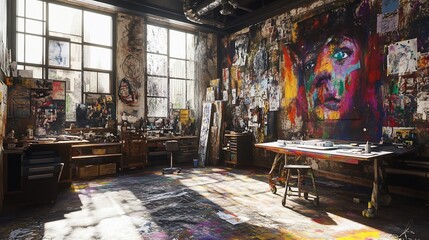Obraz premium Sunlit artist's studio with vibrant mural, cluttered work tables, and paint-splattered floor.