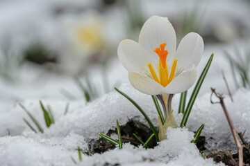 Close up of a delicate white crocus flower emerging from the melting snow, symbolizing the arrival of spring and the resilience of nature
