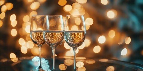 Three Champagne Flutes Sparkling Lights Festive Cheers