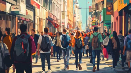 Obraz premium Busy street scene, urban life, diverse people, bustling city, everyday activities