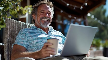 An elderly man relaxes outdoors with a laptop and coffee, enjoying the tranquility of nature, exemplifying a peaceful and content retirement lifestyle.