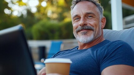Obraz premium A man with a mustache sits comfortably with a laptop and coffee, enjoying the balance between work and leisure in a peaceful outdoor environment.