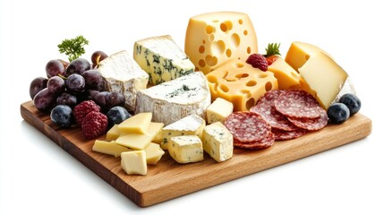 Gourmet Cheese and Charcuterie Board: A Delicious Spread of Brie, Camembert, Cheddar, and Salami, Accompanied by Grapes and Berries.