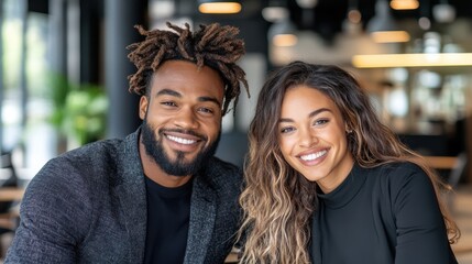 A confident team of professionals poses smiling in a trendsetting office setting. Their expressions reflect joy, teamwork, and innovation within a contemporary atmosphere.