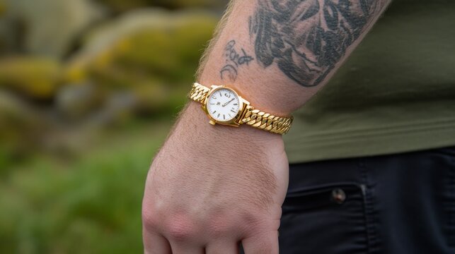 Elegant gold watch enhances style of man’s wrist in outdoor setting with natural surroundings