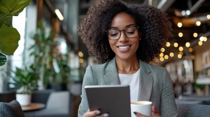 A woman with curly hair and glasses is smiling while using a tablet in a modern coffee shop, portraying an inviting environment blending business and leisure.