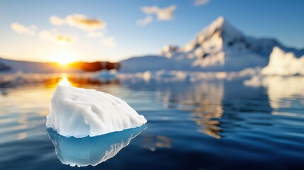 A small iceberg floats calmly on reflective Arctic waters against the backdrop of a stunning sunset, capturing the serenity and majesty of the polar environment.