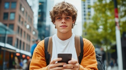 In a bustling urban setting, a young person with tousled hair and an orange jacket sits and engages with a smartphone attentively.
