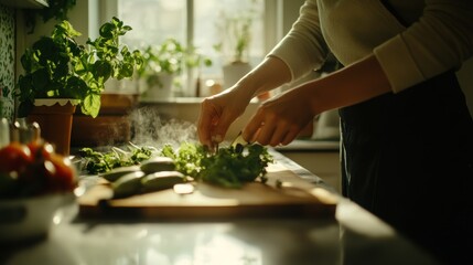 A Person Chopping Green Vegetables in a Kitchen with Sunlight Streaming In