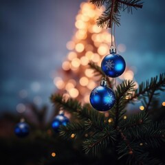  Christmas tree with ornaments in blue - baubles hanging on fir branches with glittering and bokeh lights in abstract defocused background christmas tree holiday winter festive celebration   