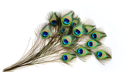 Fototapeta premium Bunch of peacock feathers for decoration isolated on white