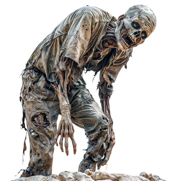 Creepy zombie with decayed clothing isolated on transparent background, horror character for Halloween  
