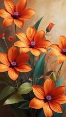 Vibrant orange flowers bloom gracefully against a warm, blurred background in gentle sunlight