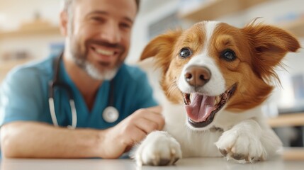 A smiling dog is looked after by a veterinarian in a sunny clinic room, symbolizing care and trust between humans and animals in a bright medical setting.