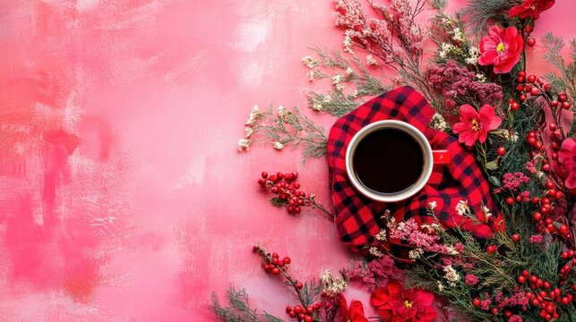 Red Mug Coffee Floral Winter Cozy Arrangement