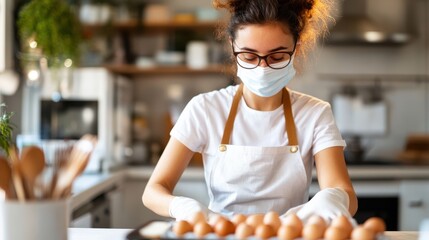 A woman wearing a protective mask and apron is in a kitchen setting, carefully handling eggs on the counter, emphasizing hygiene and safety measures.